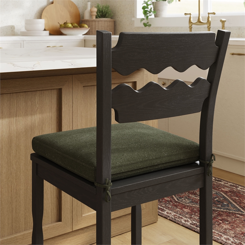 Jax Oak Wood Counter Stool With Wavy Razor Back and Cushion in Black Sage