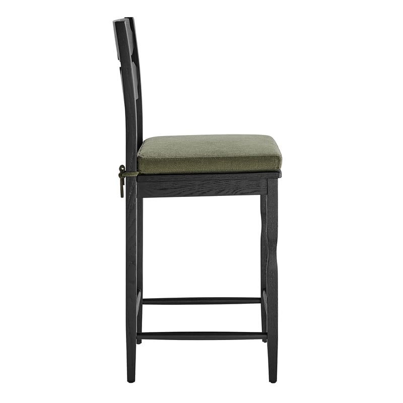 Jax Oak Wood Counter Stool With Wavy Razor Back and Cushion in Black Sage