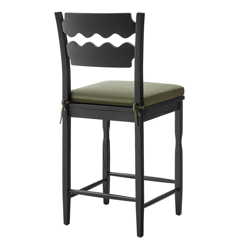 Jax Oak Wood Counter Stool With Wavy Razor Back and Cushion in Black Sage