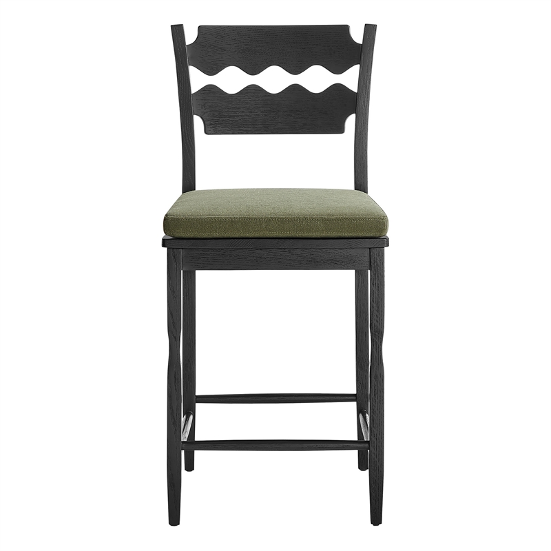 Jax Oak Wood Counter Stool With Wavy Razor Back and Cushion in Black Sage