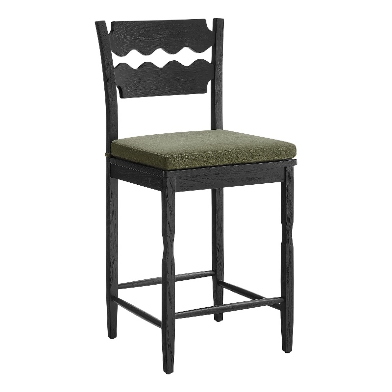 Jax Oak Wood Counter Stool With Wavy Razor Back and Cushion in Black Sage