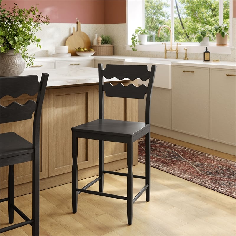 Jax Oak Wood Counter Stool With Wavy Razor Back in Black