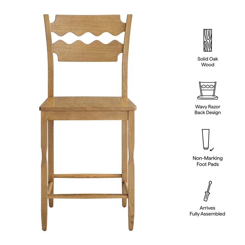 Jax Oak Wood Counter Stool With Wavy Razor Back in Weathered Oak