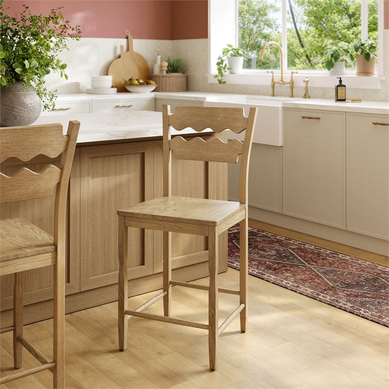 Jax Oak Wood Counter Stool With Wavy Razor Back in Weathered Oak