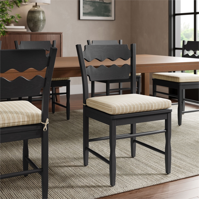 Jax Oak Wood Dining Chair Wavy Razor Back and Cushion in Black Oatmeal Stripe