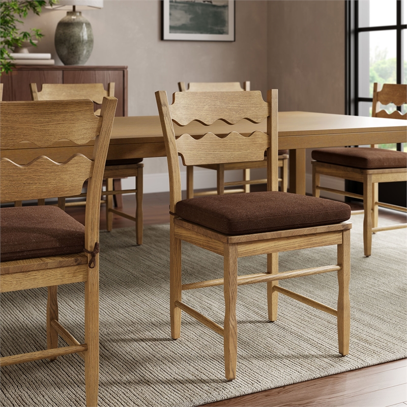 Jax Oak Wood Dining Chair Wavy Razor Back and Cushion in Weathered Oak Cocoa