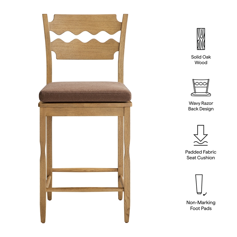 Jax Oak Wood Counter Stool Wavy Razor Back and Cushion in Weathered Oak Cocoa