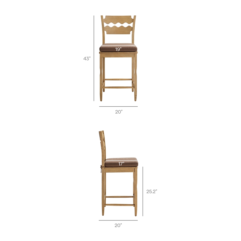 Jax Oak Wood Counter Stool Wavy Razor Back and Cushion in Weathered Oak Cocoa