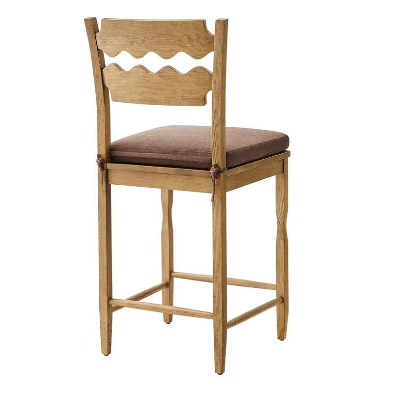 Jax Oak Wood Counter Stool Wavy Razor Back and Cushion in Weathered Oak Cocoa