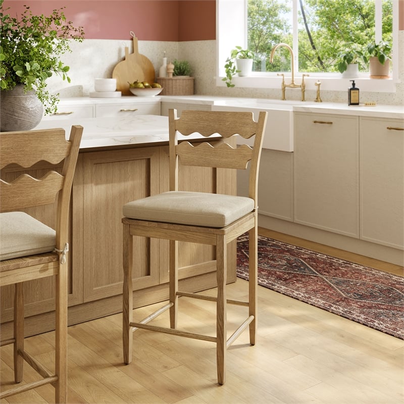 Jax Oak Wood Counter Stool Wavy Razor Back and Cushion in Weathered Oak Linen