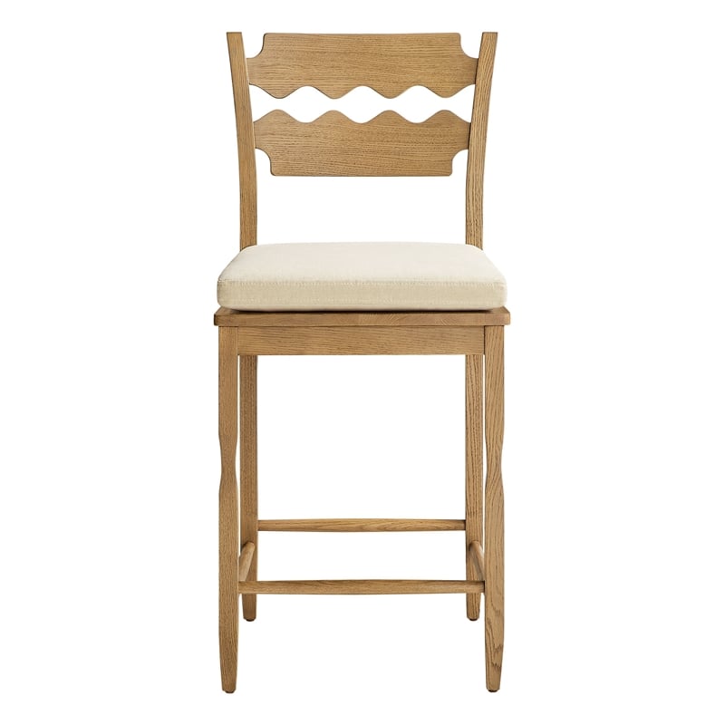 Jax Oak Wood Counter Stool Wavy Razor Back and Cushion in Weathered Oak Linen