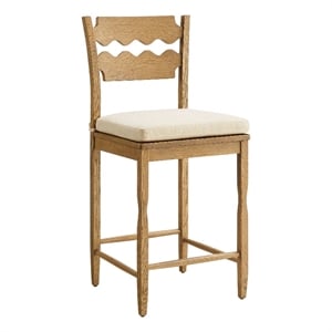 Jax Oak Wood Counter Stool Wavy Razor Back and Cushion in Weathered Oak Linen