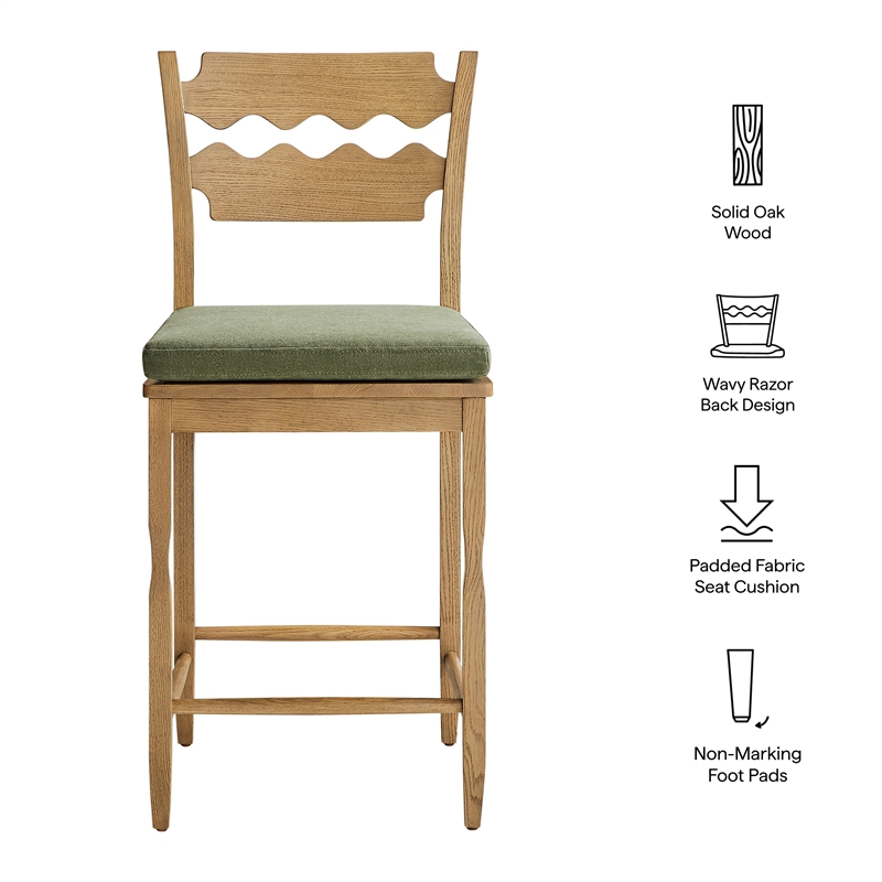 Jax Oak Wood Counter Stool Wavy Razor Back and Cushion in Weathered Oak Sage
