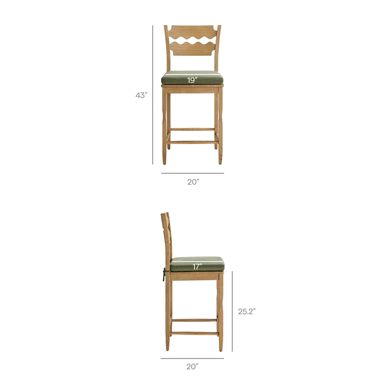 Jax Oak Wood Counter Stool Wavy Razor Back and Cushion in Weathered Oak Sage