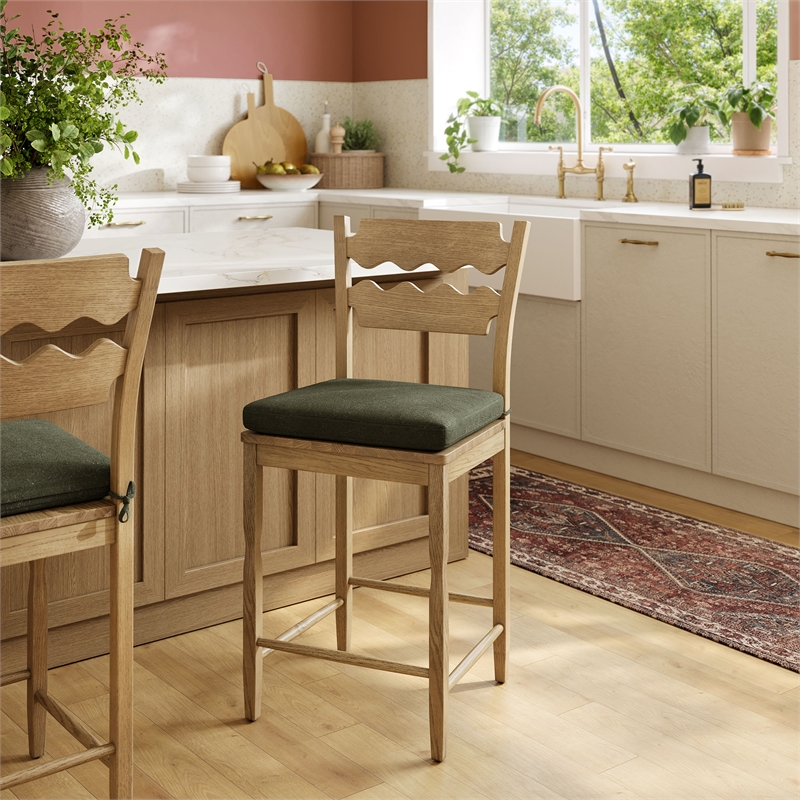 Jax Oak Wood Counter Stool Wavy Razor Back and Cushion in Weathered Oak Sage