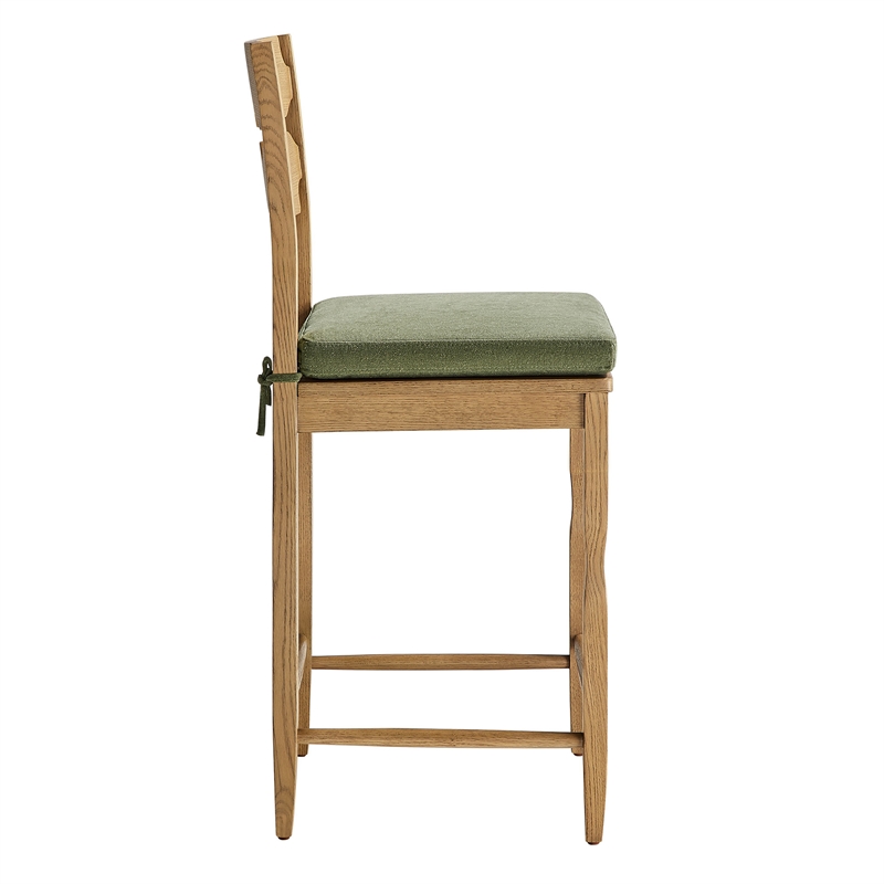Jax Oak Wood Counter Stool Wavy Razor Back and Cushion in Weathered Oak Sage