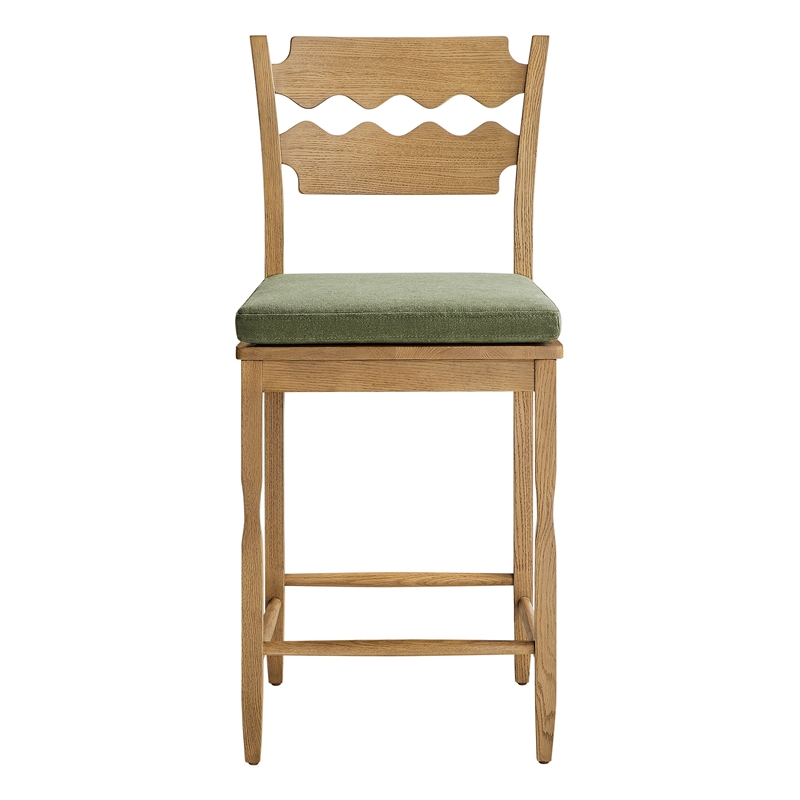 Jax Oak Wood Counter Stool Wavy Razor Back and Cushion in Weathered Oak Sage