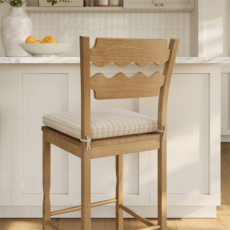 Jax Oak Wood Bar Stool Razor Back and Cushion in Weathered Oak Oatmeal Stripe