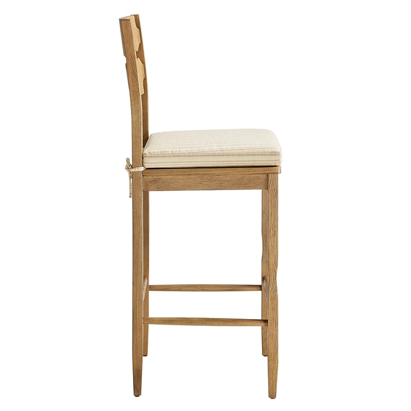 Jax Oak Wood Bar Stool Razor Back and Cushion in Weathered Oak Oatmeal Stripe