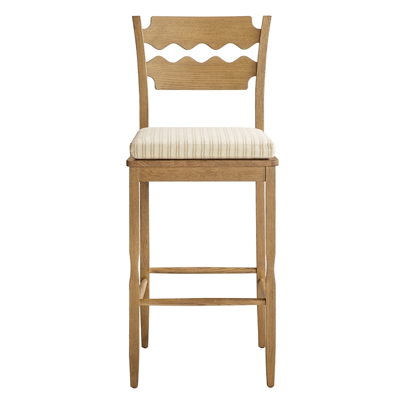 Jax Oak Wood Bar Stool Razor Back and Cushion in Weathered Oak Oatmeal Stripe