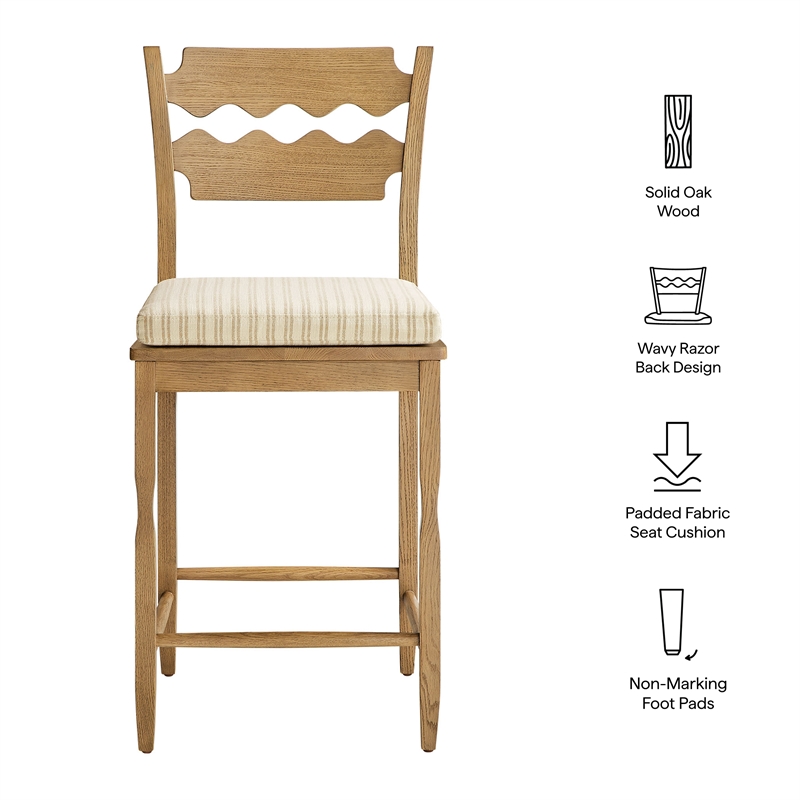 Jax Oak Wood Counter Stool Razor Back and Cushion inWeathered Oak Oatmeal Stripe