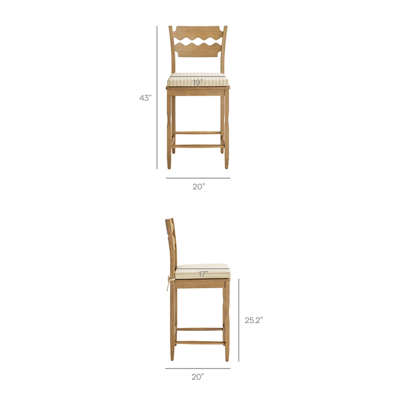 Jax Oak Wood Counter Stool Razor Back and Cushion inWeathered Oak Oatmeal Stripe