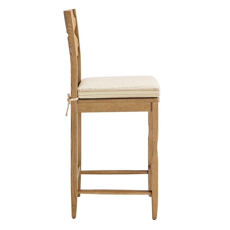 Jax Oak Wood Counter Stool Razor Back and Cushion inWeathered Oak Oatmeal Stripe