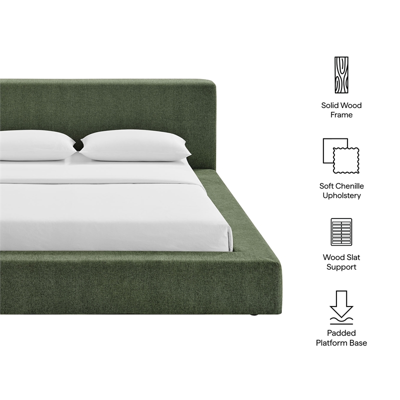 Luma Chenille Upholstered King Platform Bed Frame in Eucalyptus
