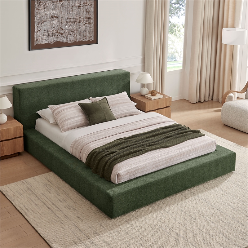 Luma Chenille Upholstered King Platform Bed Frame in Eucalyptus