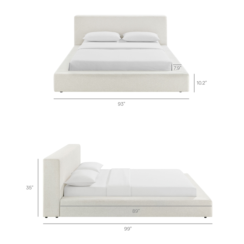 Luma Chenille Upholstered King Platform Bed Frame in Ivory Fabric