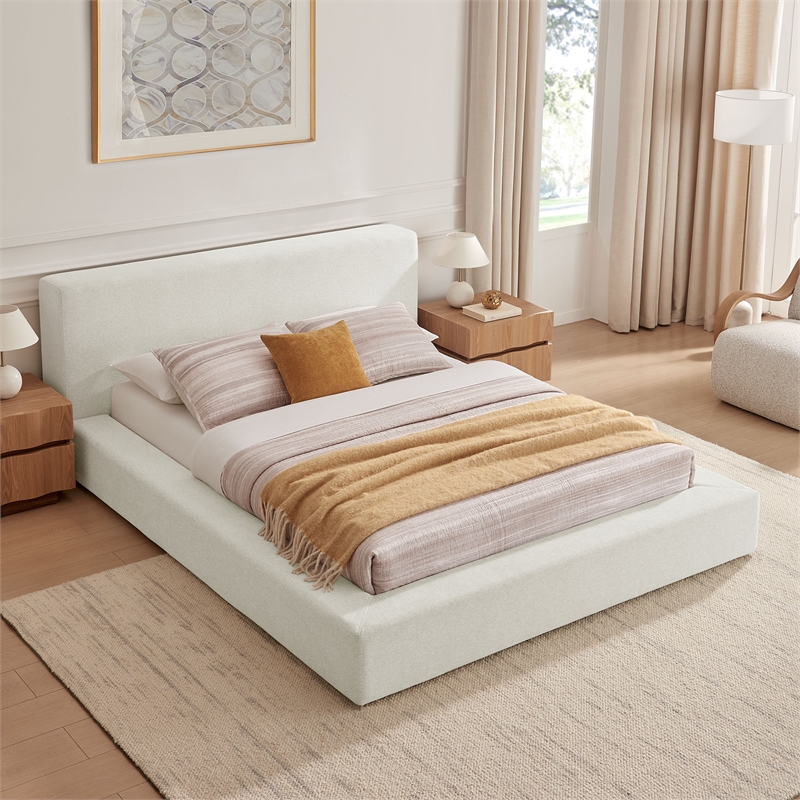 Luma Chenille Upholstered King Platform Bed Frame in Ivory Fabric