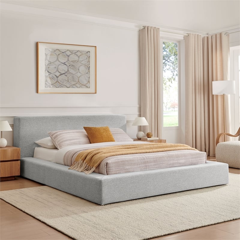 Luma Chenille Upholstered King Platform Bed Frame in Light Gray Fabric