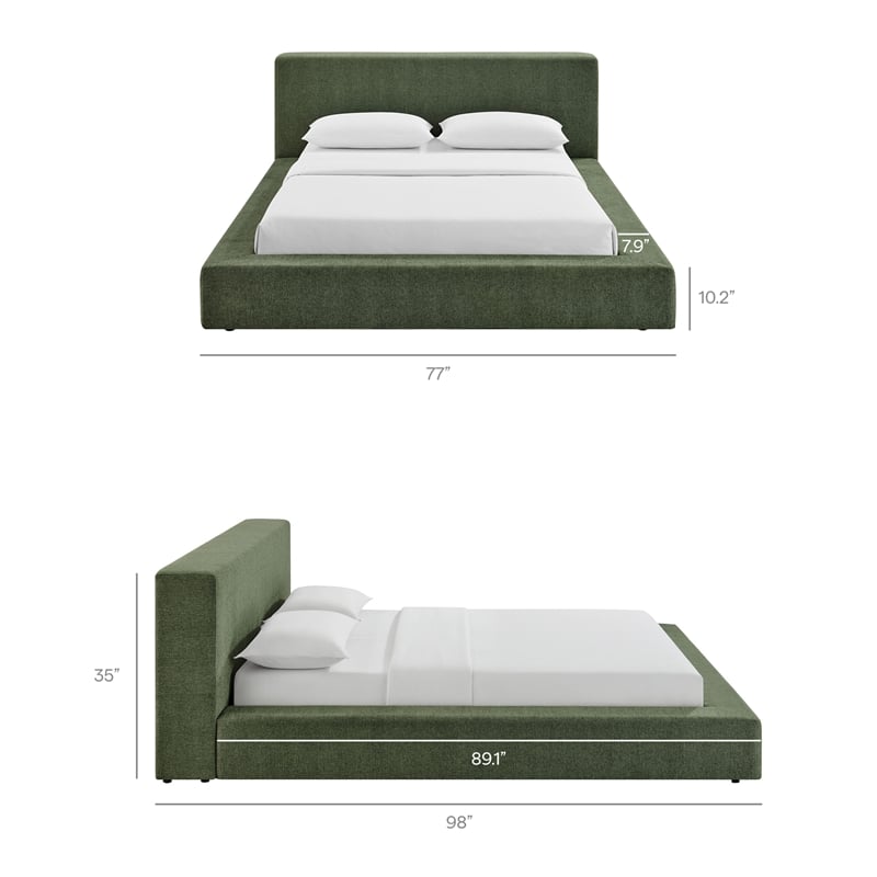 Luma Chenille Upholstered Queen Platform Bed Frame in Eucalyptus
