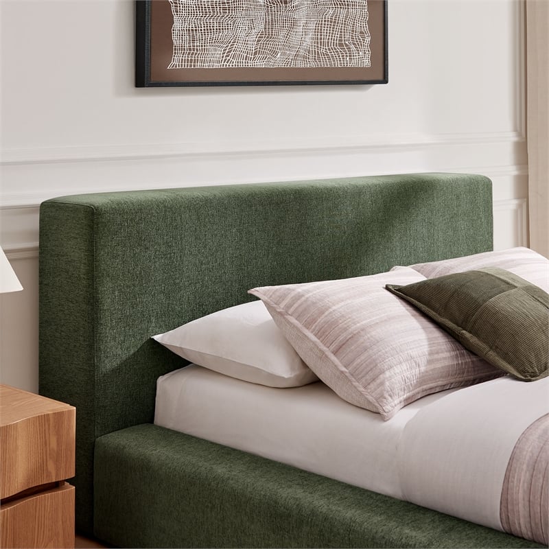 Luma Chenille Upholstered Queen Platform Bed Frame in Eucalyptus