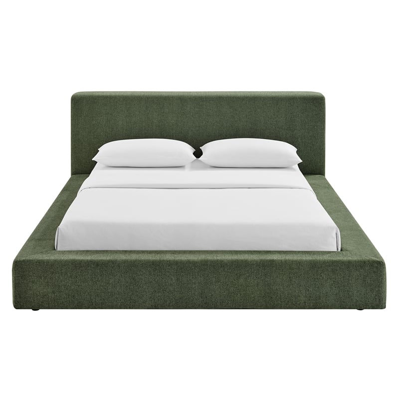 Luma Chenille Upholstered Queen Platform Bed Frame in Eucalyptus