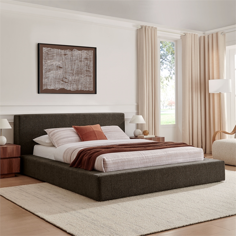 Luma Chenille Upholstered Queen Platform Bed Frame in Java