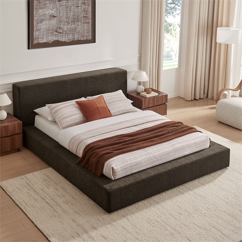 Luma Chenille Upholstered Queen Platform Bed Frame in Java