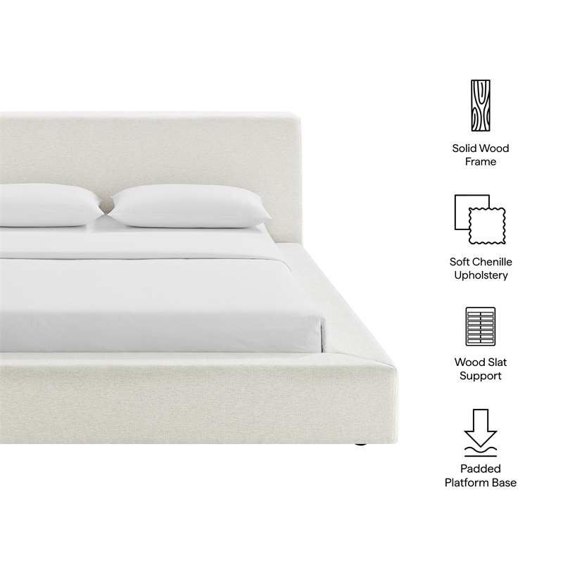 Luma Chenille Upholstered Queen Platform Bed Frame in Ivory Fabric