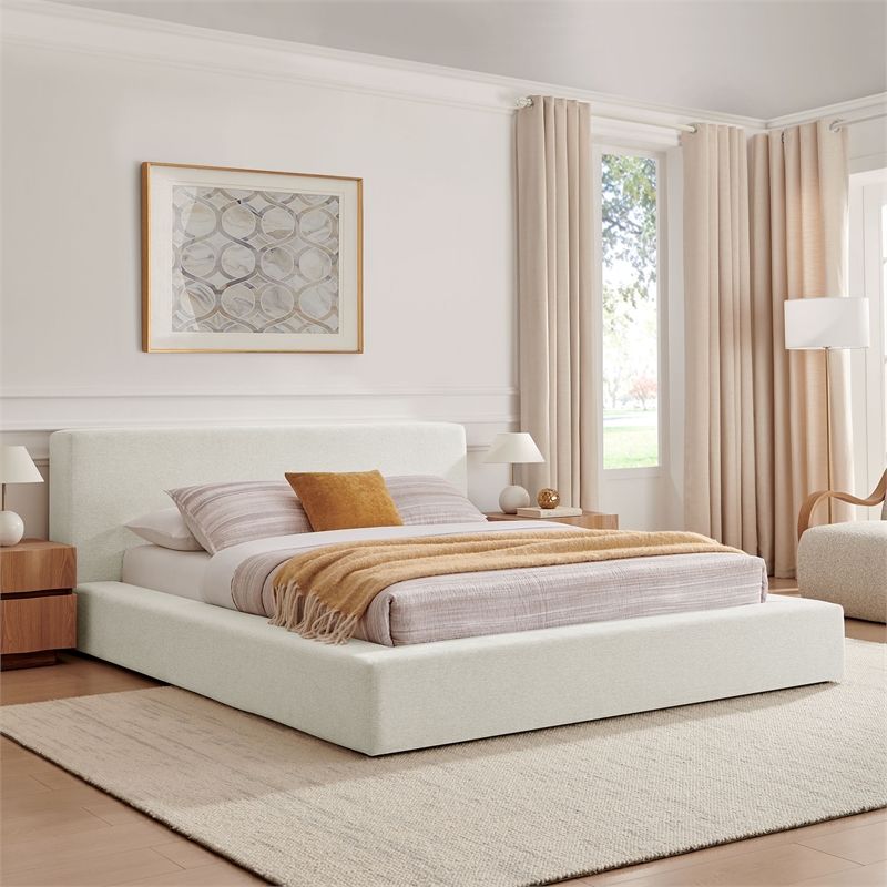 Luma Chenille Upholstered Queen Platform Bed Frame in Ivory Fabric