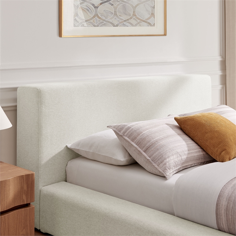 Luma Chenille Upholstered Queen Platform Bed Frame in Ivory Fabric