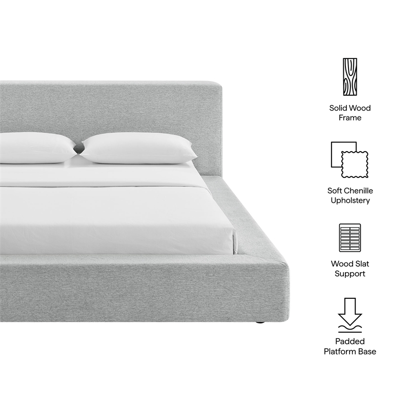 Luma Chenille Upholstered Queen Platform Bed Frame in Light Gray Fabric