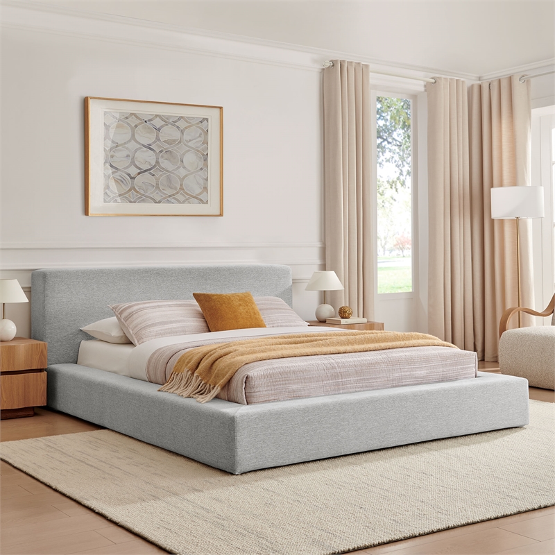 Luma Chenille Upholstered Queen Platform Bed Frame in Light Gray Fabric
