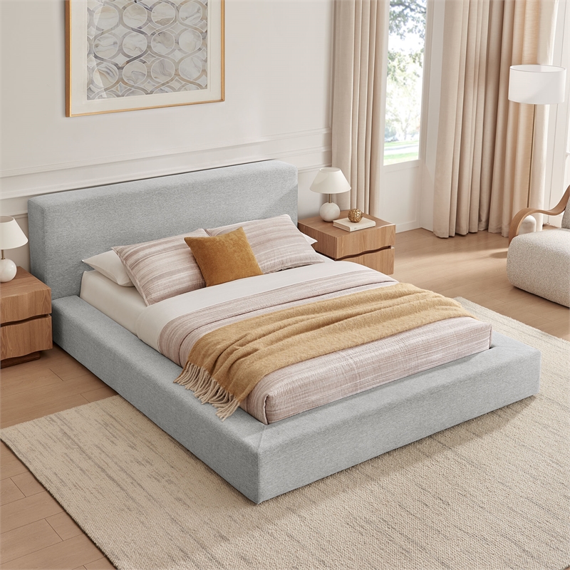 Luma Chenille Upholstered Queen Platform Bed Frame in Light Gray Fabric