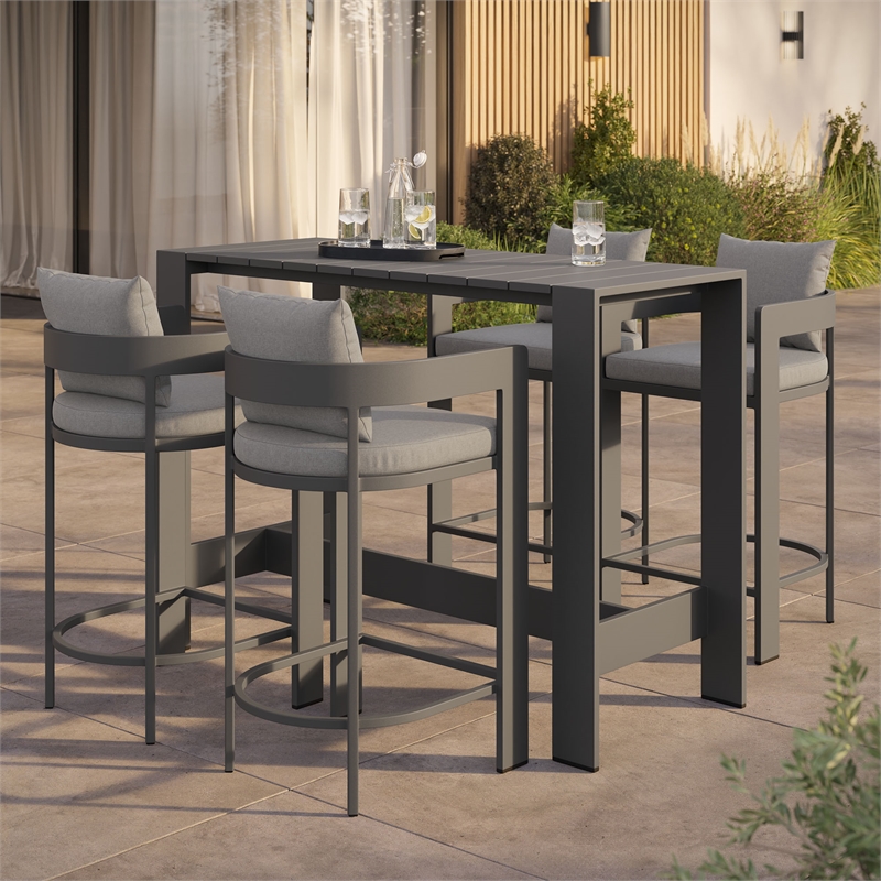 Modway Tahoe 5-Piece Outdoor Bar Table Set in Gray