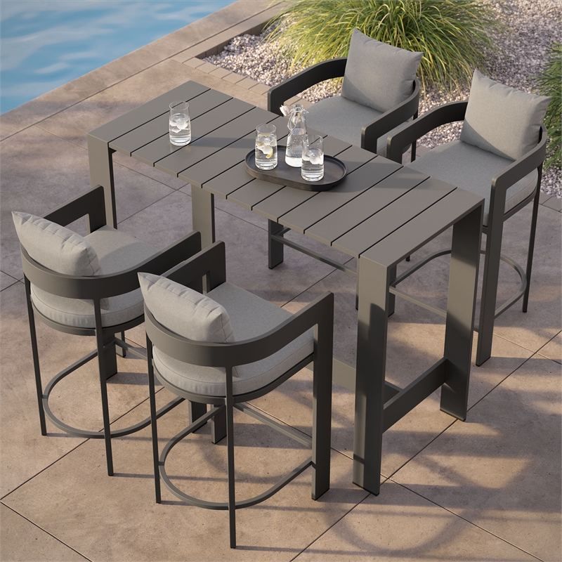 Modway Tahoe 5-Piece Outdoor Bar Table Set in Gray