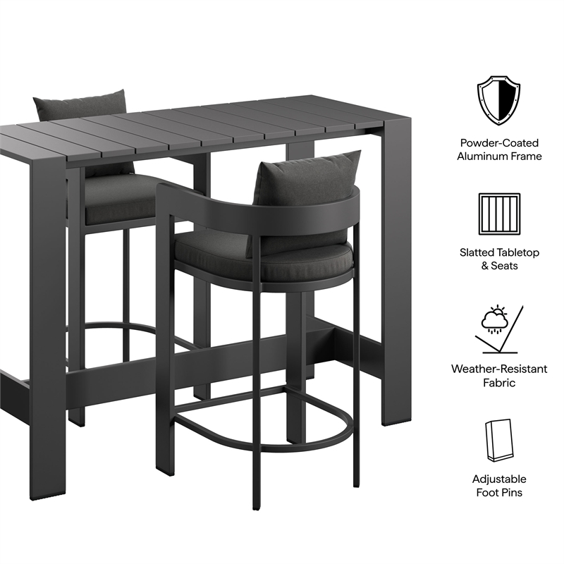 Modway Tahoe 3-Piece Outdoor Aluminum Bar Table Set in Charcoal