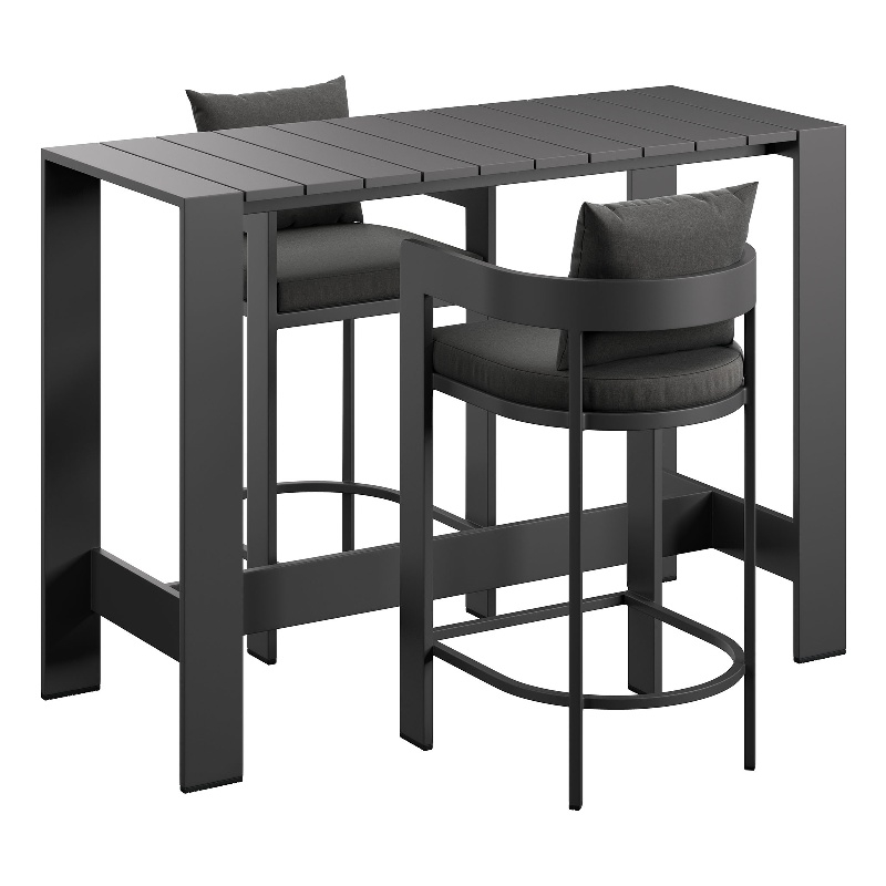 Modway Tahoe 3-Piece Outdoor Aluminum Bar Table Set in Charcoal