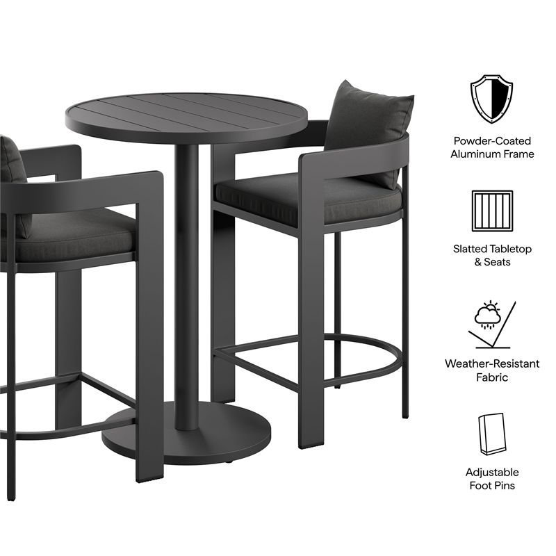 Modway Tahoe 3-Piece Outdoor Aluminum Bar Set in Charcoal