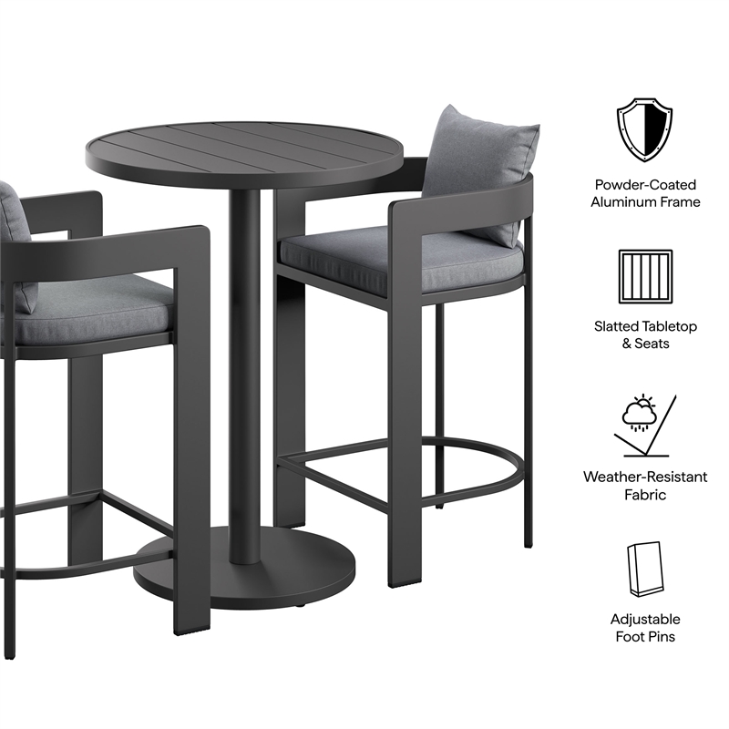 Modway Tahoe 3-Piece Outdoor Aluminum Bar Set in Gray