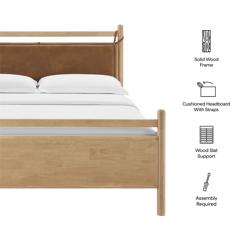 Leni King Size Vegan Leather and Wood Platform Bed Frame in Light Oak Canyon